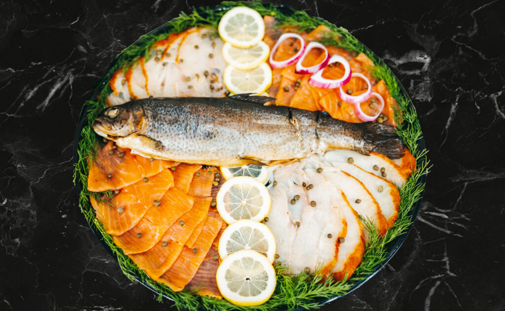 Gourmet variety smoked fish platter by Fish Tales Gourmet Seafood Market.